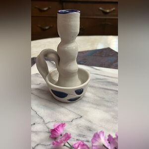 Williamsburg Pottery single Candle Holder Salt Glazed Stoneware Natural Blue